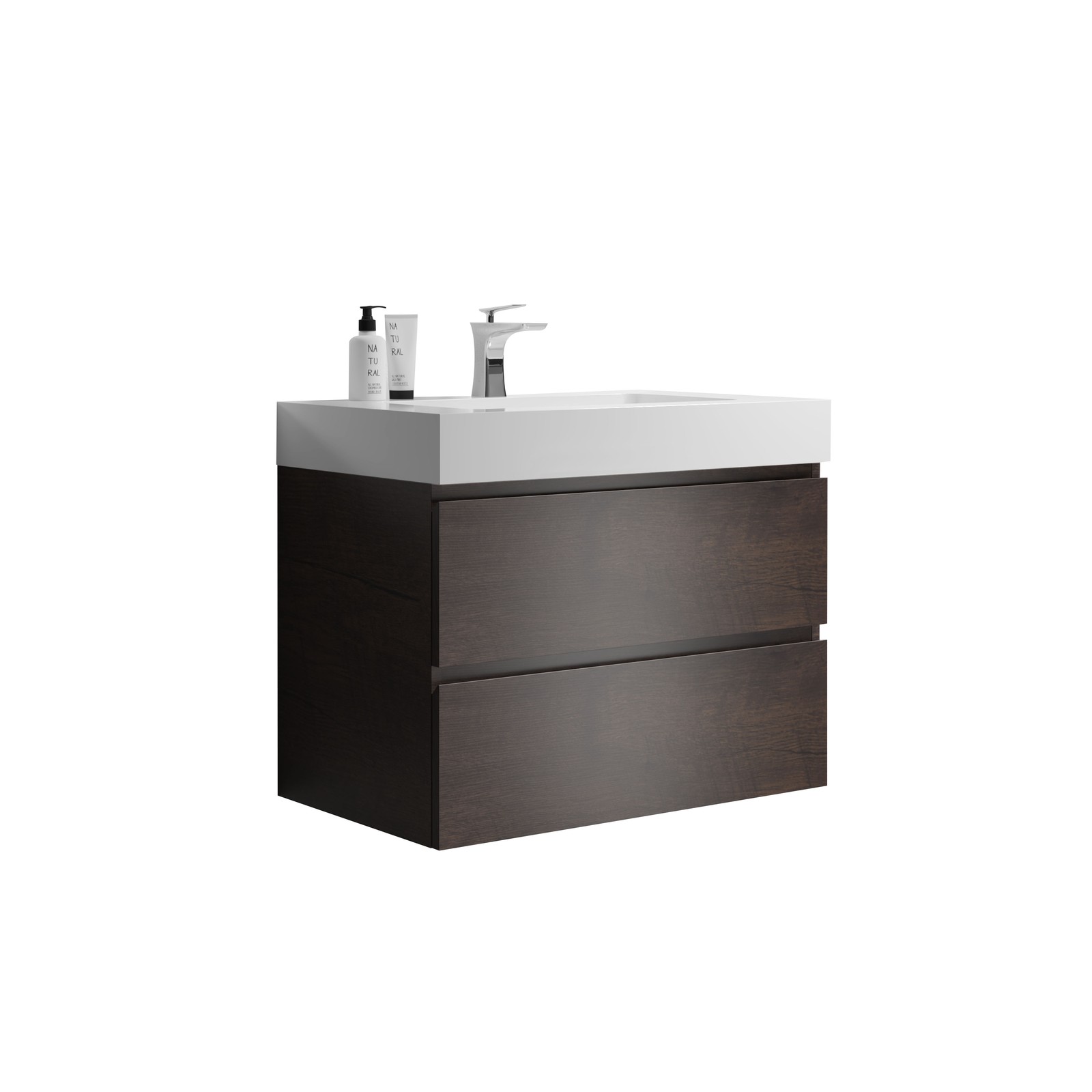 30″ Walnut Floating Bathroom Vanity with Sink & Triple Drawers