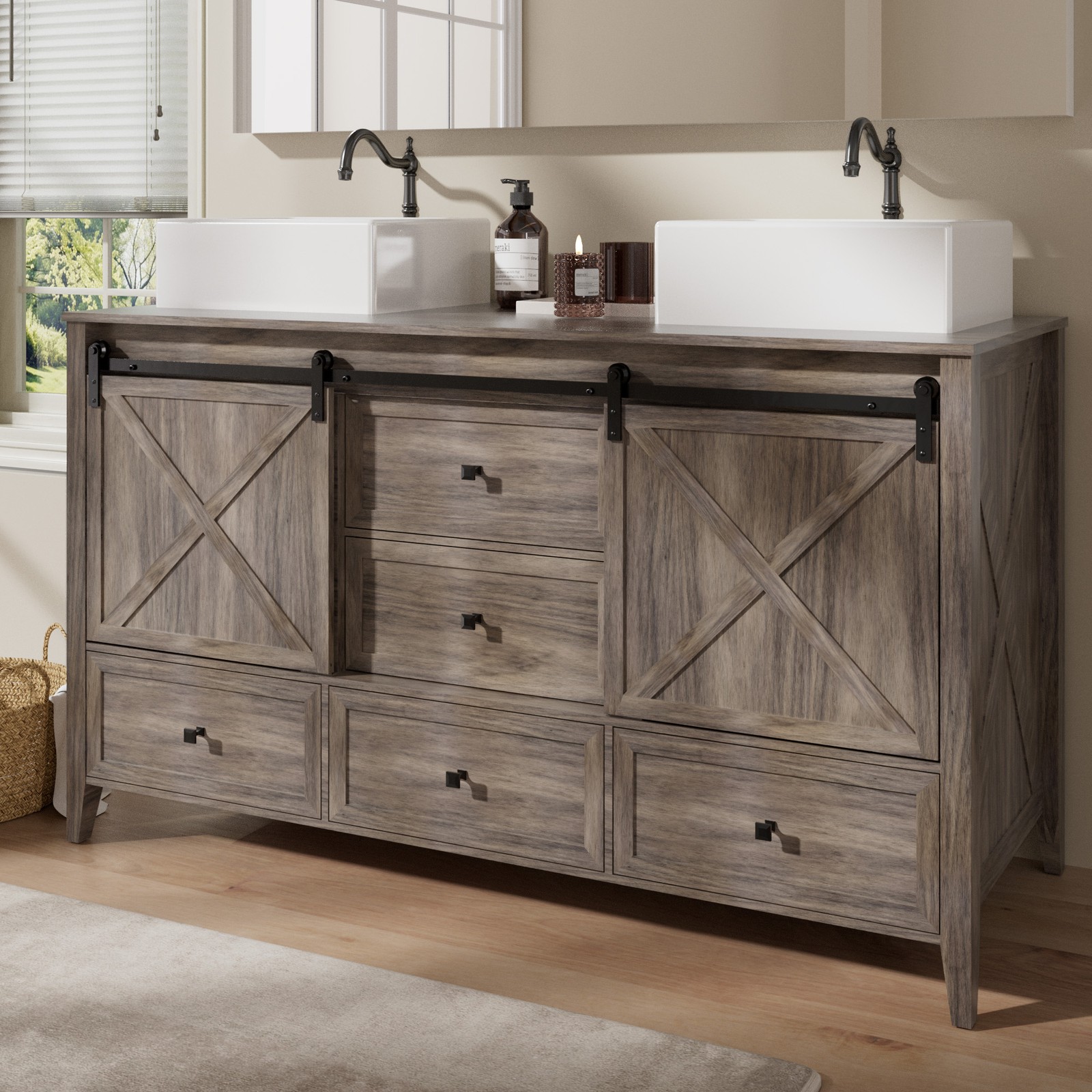 60inch Bathroom Vanity Set Double Sink Ceramic Freestanding Storage Cabinet Wood