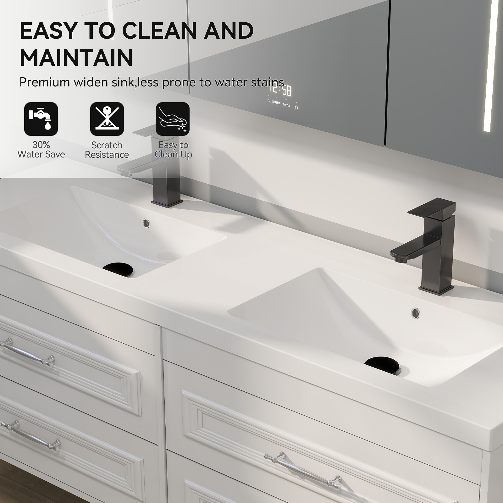 60″ White Wall Mounted Floating Vanity Bathroom Cabinet Soft Close Door & Sink