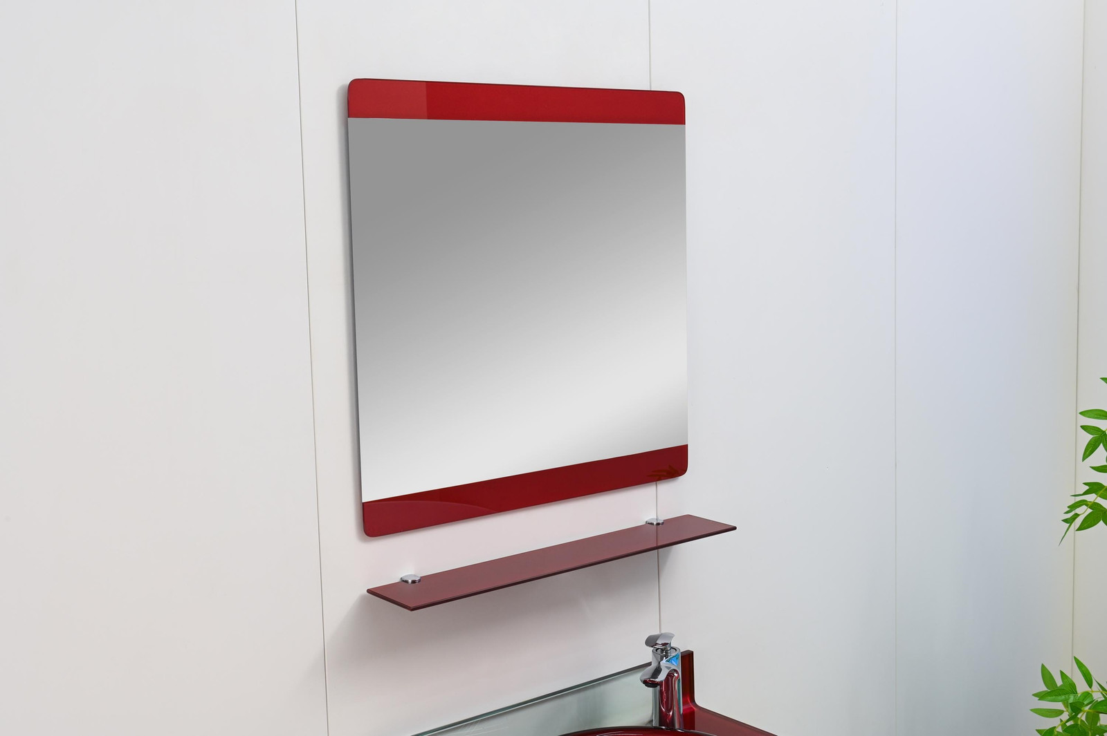 24″ Wine Red Glass Bathroom Vanity set Floating Sink-top Mirror Shelves combo