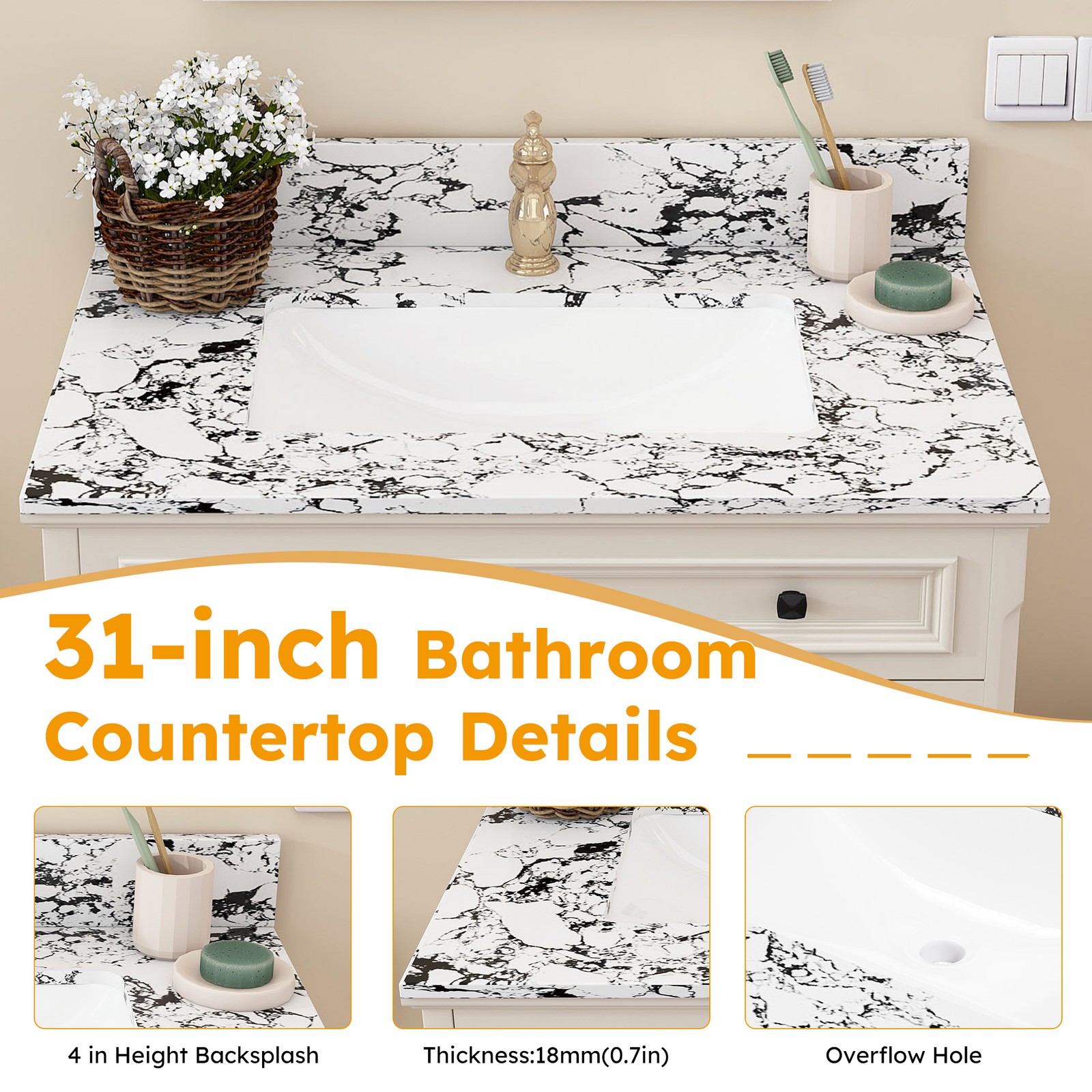 31″x22″ Bathroom Vanity Top with Undermount Sink & Backsplash