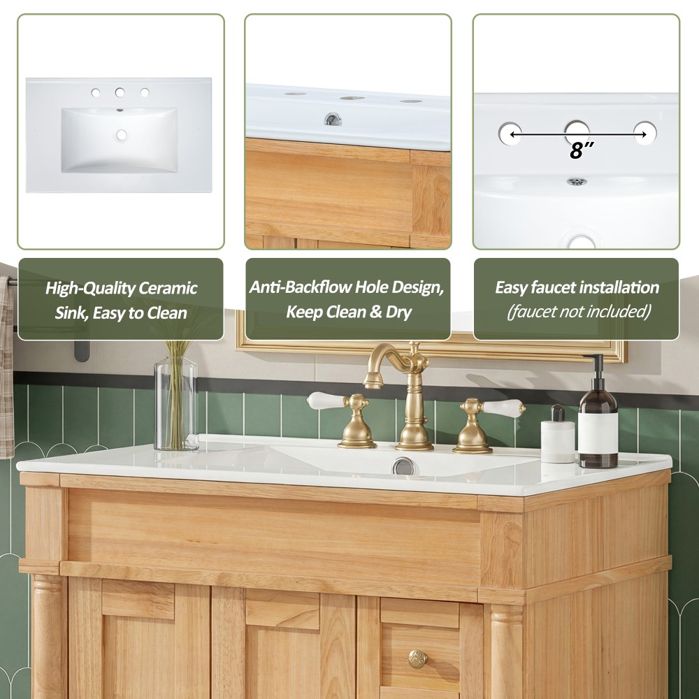 30-Inch Modern Bathroom Vanity, Solid Wood Frame + MDF, 2 Doors 3 Drawers