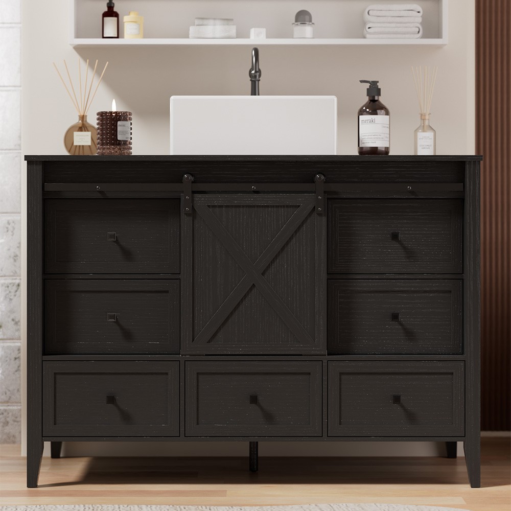 48-inch Bathroom Vanity with Sink Ceramic Freestanding Cabinet Sliding Barn Door