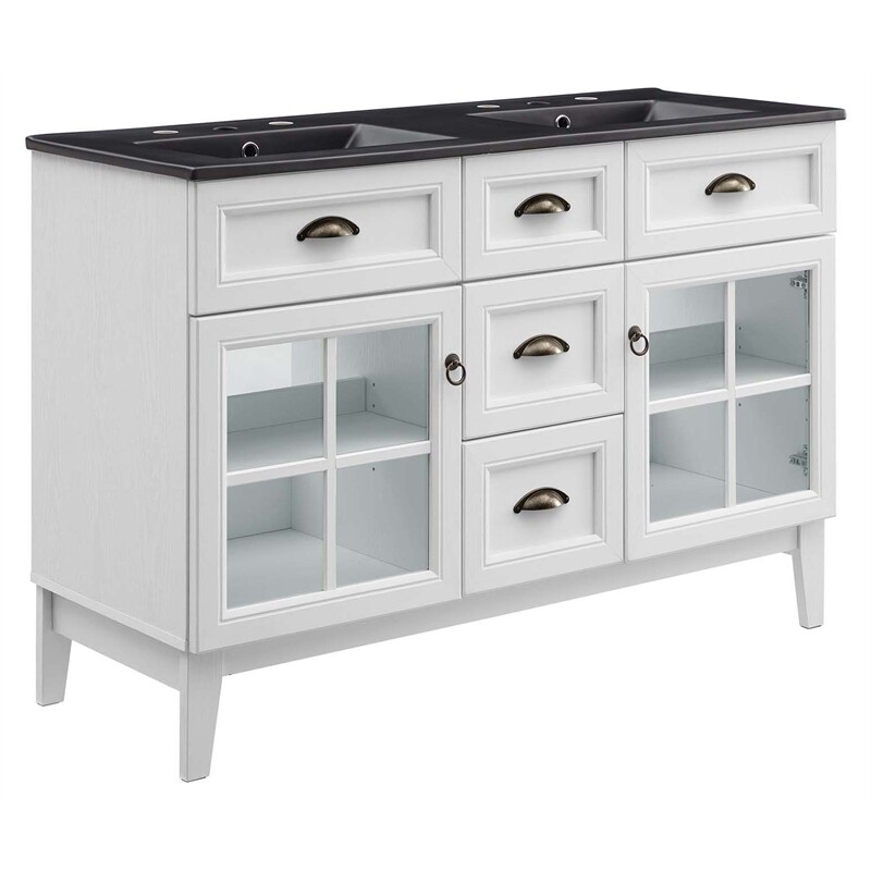 Modway Isle 48″ Wood/Ceramic Double Bathroom Vanity Cabinet in White/Black