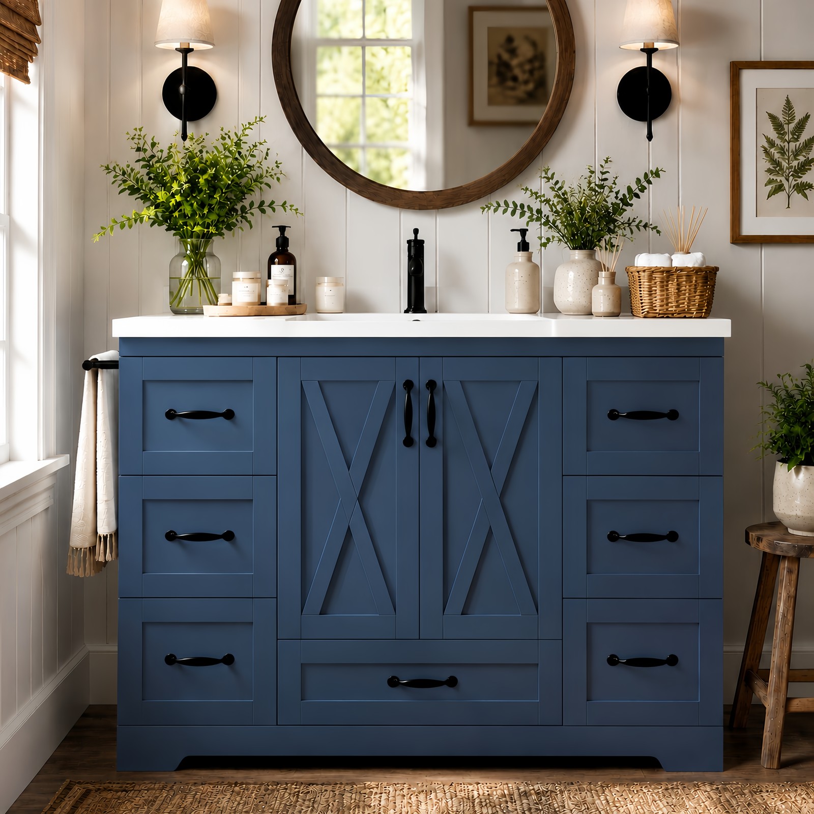 48″ Bathroom Vanity with Sink Ceramic Top Navy Blue Farmhouse Cabinet