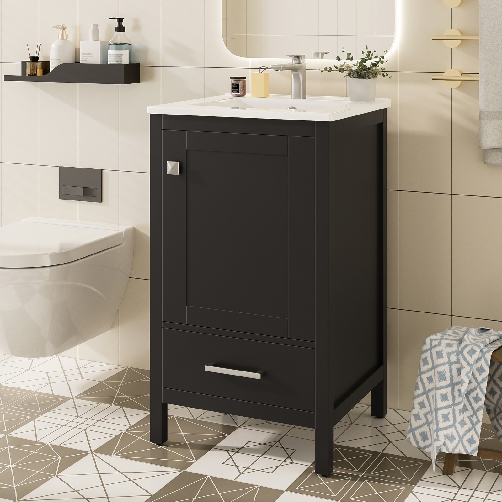 Modern Bathroom Vanity w/Ceramic Sink,Storage Cabinet w/Soft-Close Drawer & Door