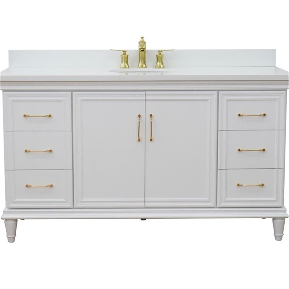 61 in. Single Wooden Vanity White with White Quartz Oval Sink