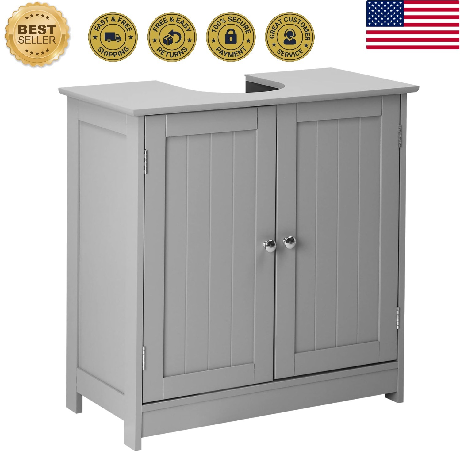 Durable Freestanding Under Sink Cabinet with Adjustable Shelf – Grey Finish