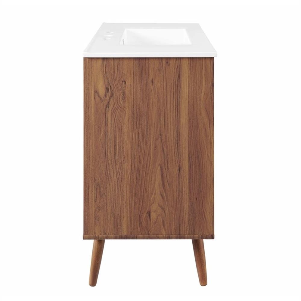 Pemberly Row 36″ Modern Wood and Ceramic Bathroom Vanity in Walnut/White