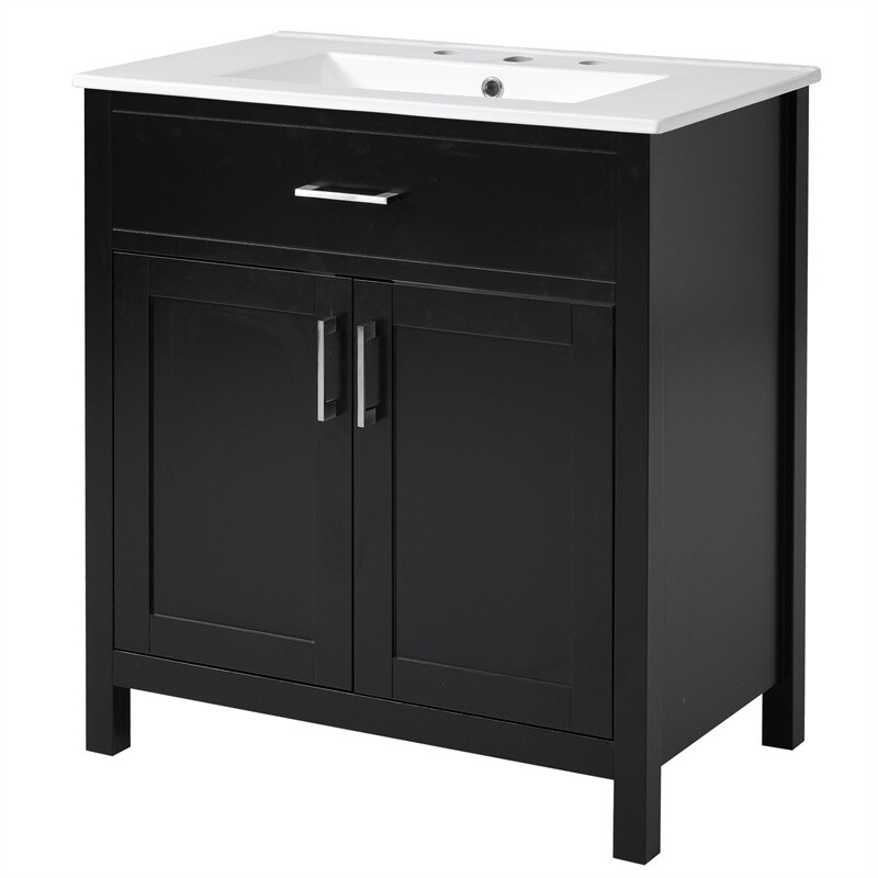30″ Bathroom Vanity with Ceramic Sink and Storage Cabinet Built-in Drawe & Doors