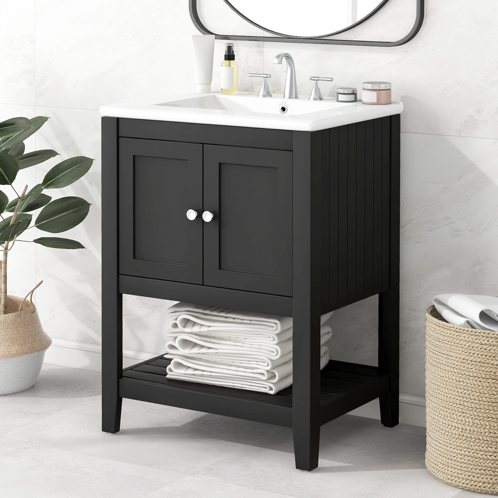 24″ Modern Bathroom Vanity – Solid Wood Frame, Semilune Ceramic Sink, Open Shelf
