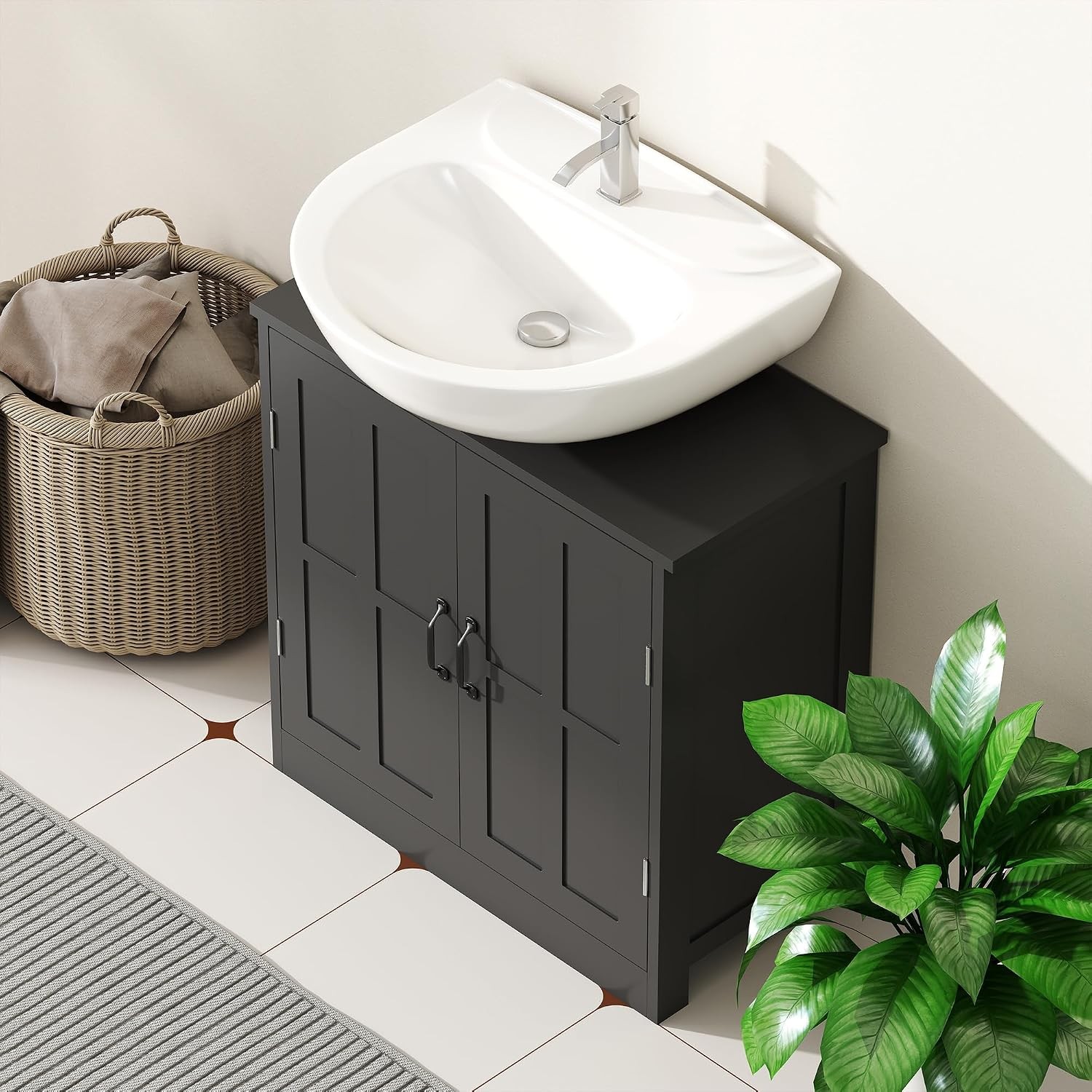 Pedestal Under Sink Storage Cabinet Black, Bathroom with U-Shape Cut-Out 2 Doors