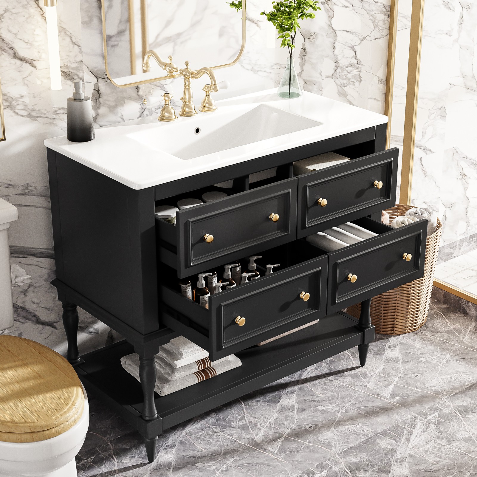 36″ Bathroom Vanity Cabinet with Sink Combo Set, 4 Drawers, Black