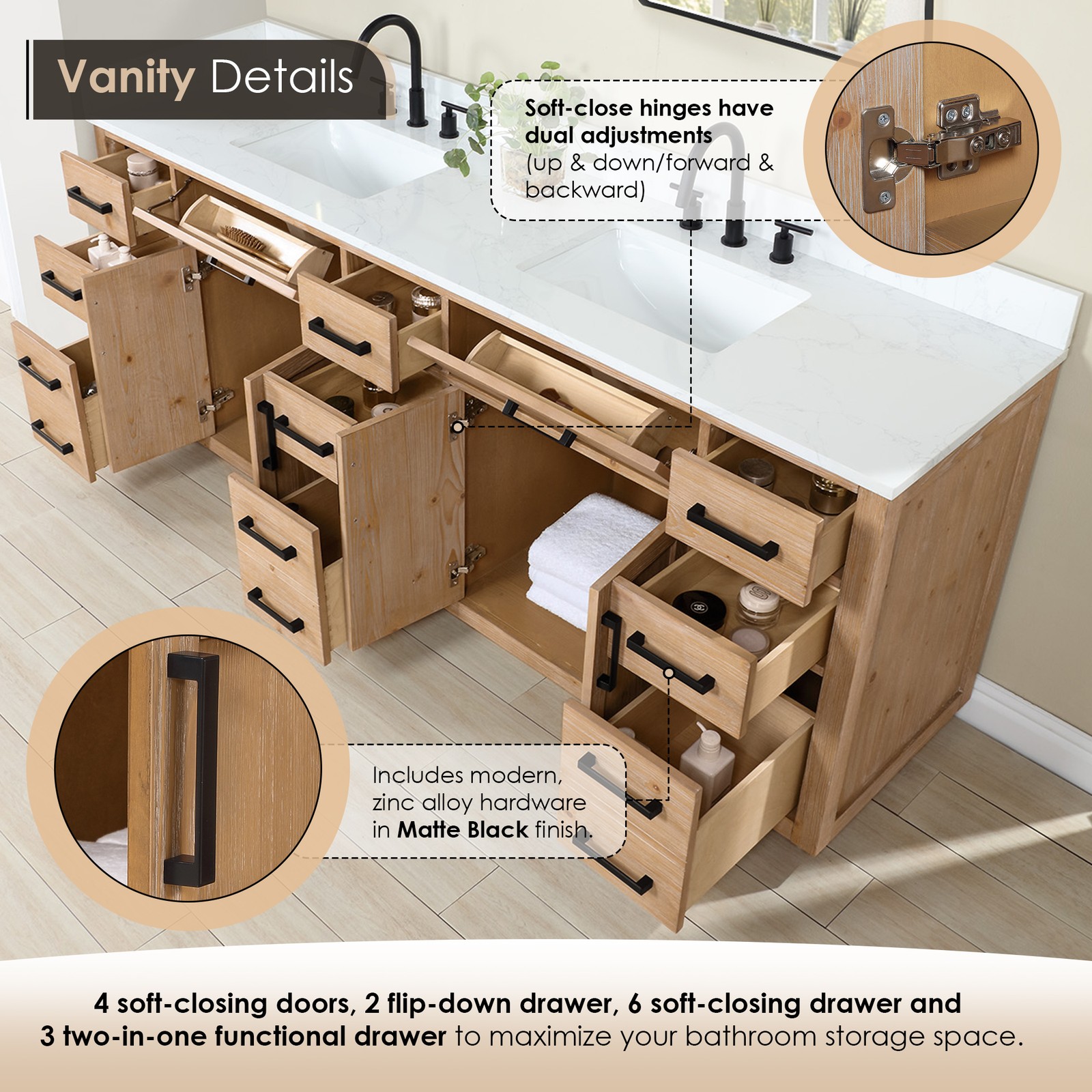 Gavino 84″ Wood Vanity in Light Brown with Composite Stone Top no Mirror