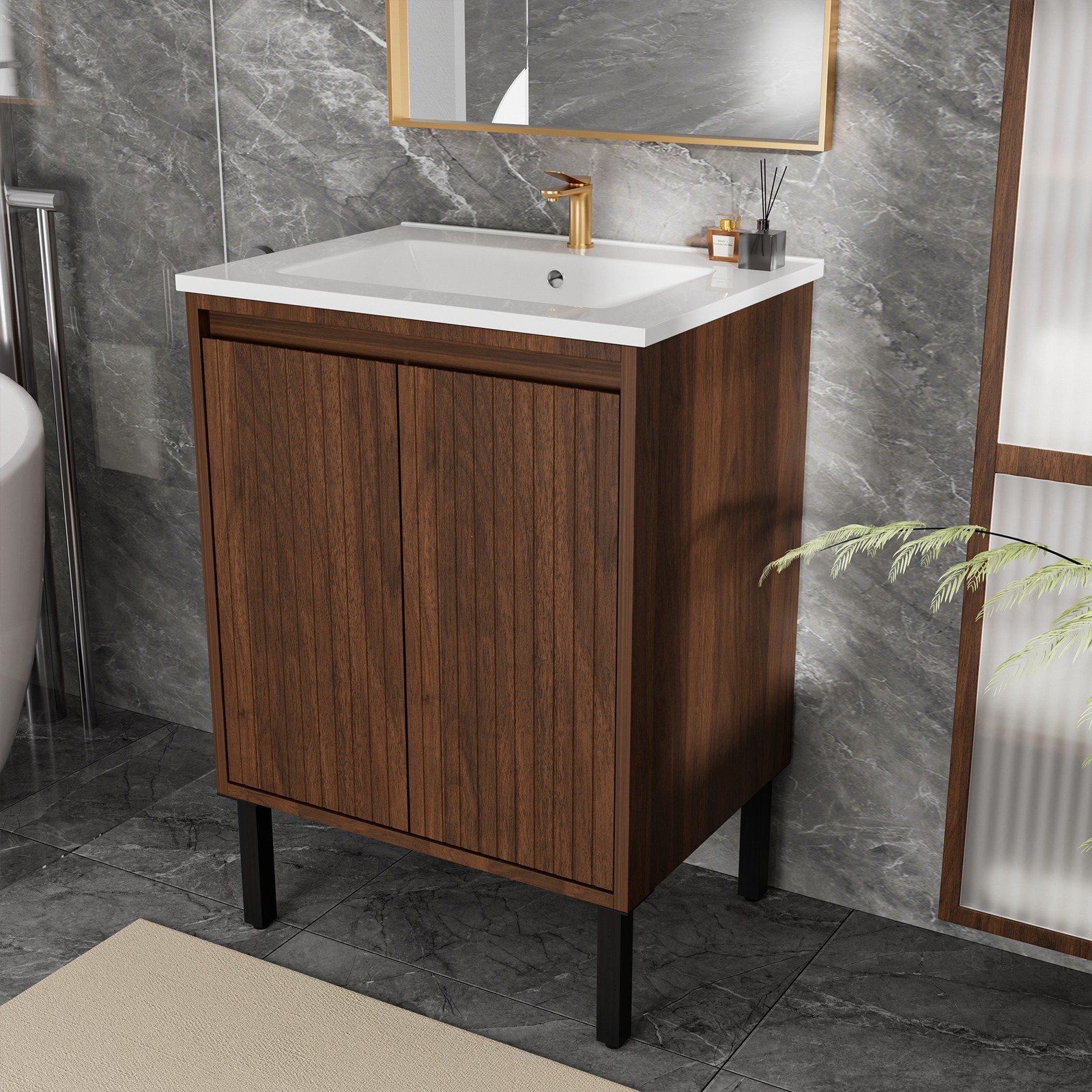 24″ Bathroom Vanity with White Sink Oak Finish Floor Standing