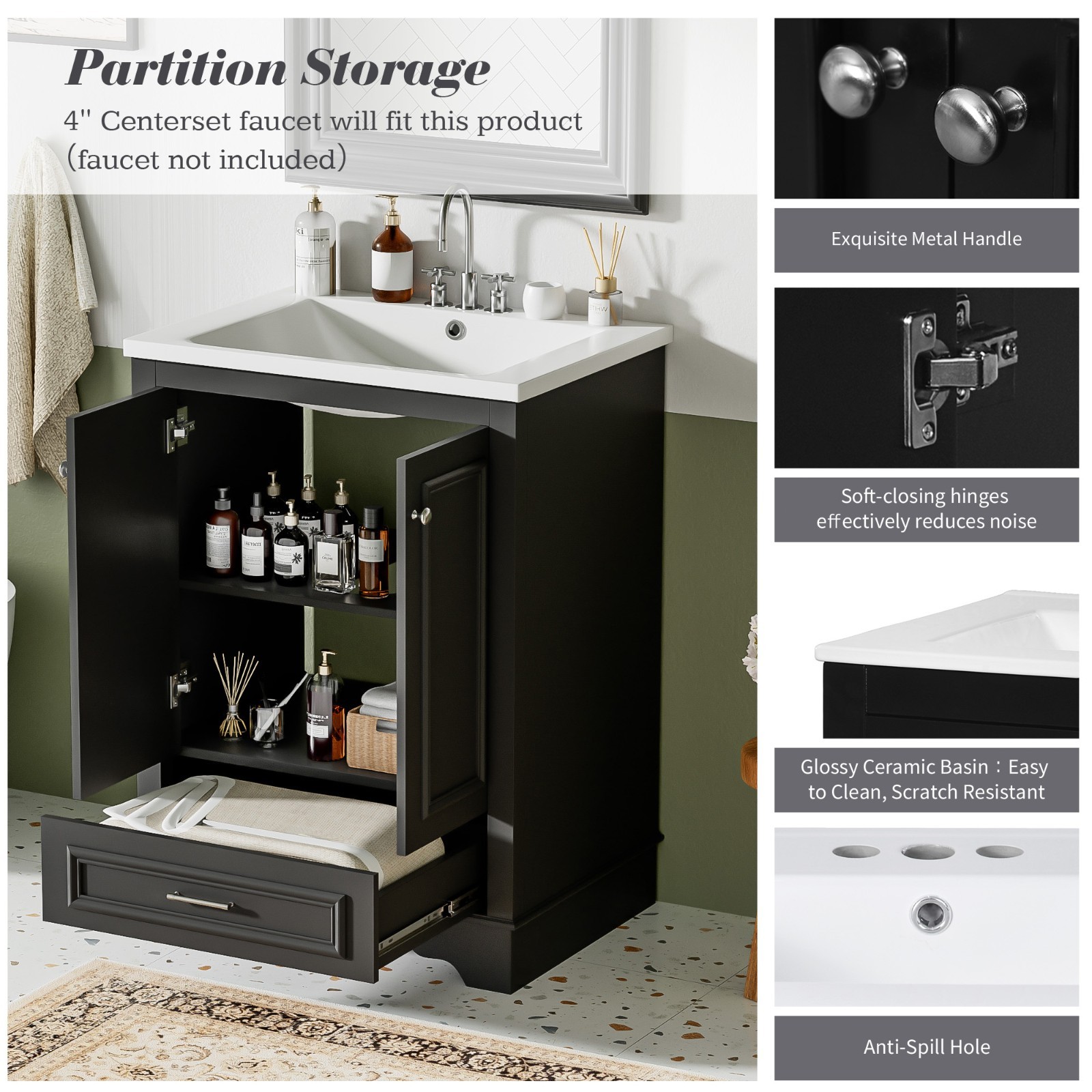 24″ Bathroom Vanity With Ceramic Sink Storage Cabinet Drawer Soft-Closing Doors