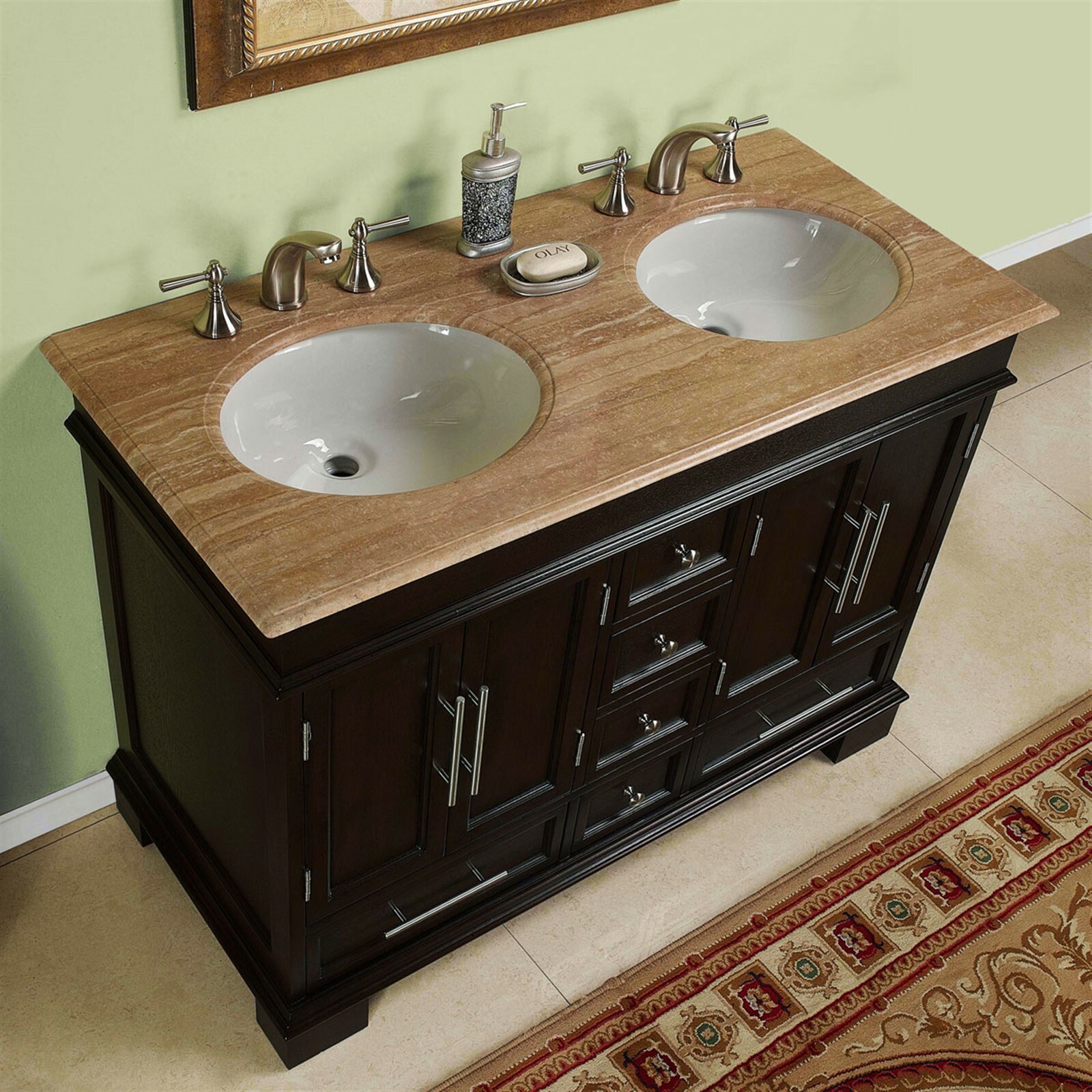 48-inch Compact Double Sink Travertine Stone Top Bathroom Vanity Cabinet 0224TR