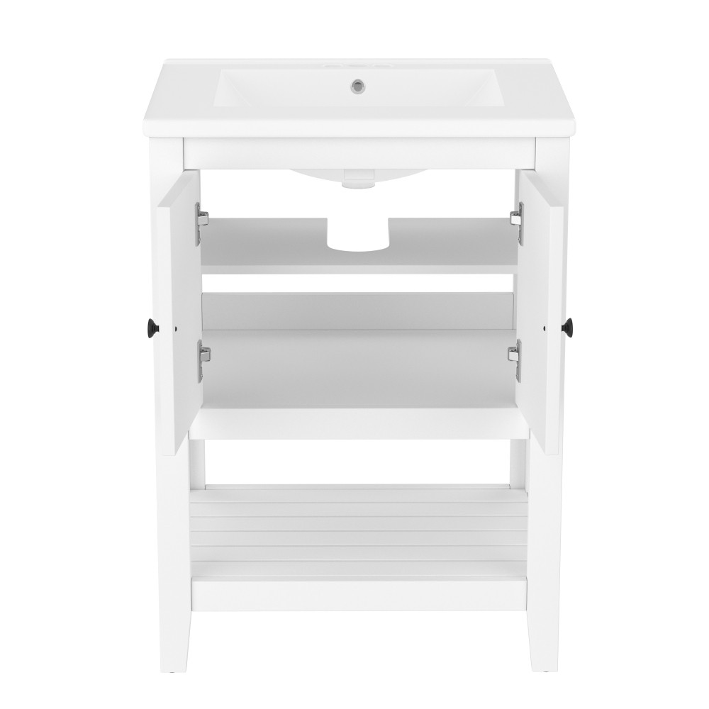 24″ White Bathroom Vanity w/Ceramic Sink & Solid Wood Frame