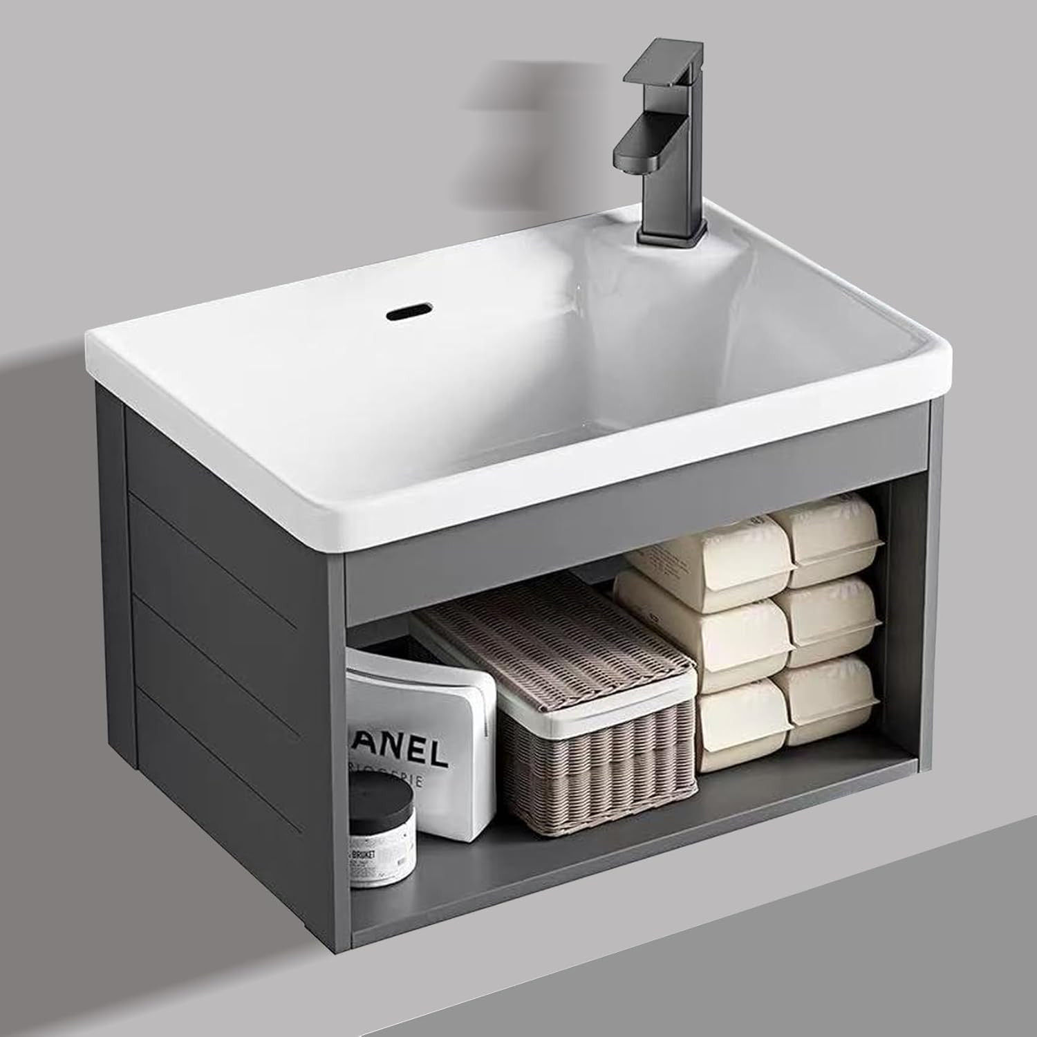 18-Inch Wall-Mounted Floating Gray Open Bathroom Vanity with Ceramic Basin Compa