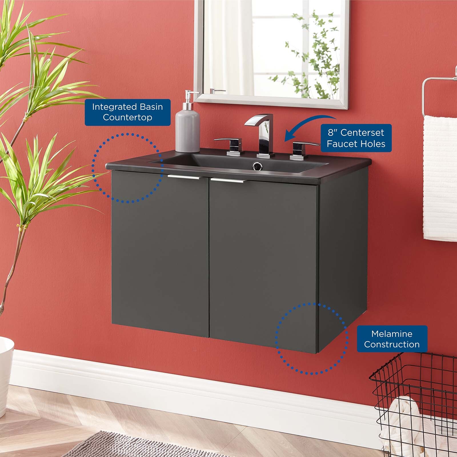 Modway Maybelle 24″ Wall-Mount Bathroom Vanity In Gray Black