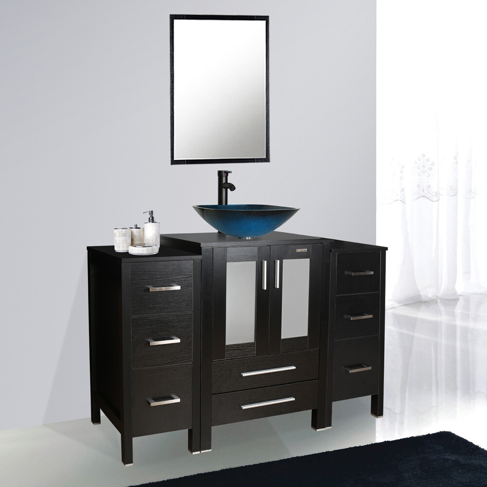 48″ Black Bathroom Vanity Set 2 Side Cabinet Vessel Glass/Ceramic Sink No Mirror