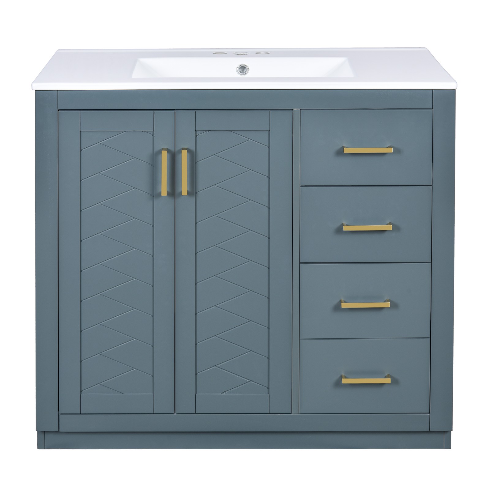 36″ Bathroom Vanity with Ceramic Sink, Solid Wood Frame, 3 Drawers & Doors