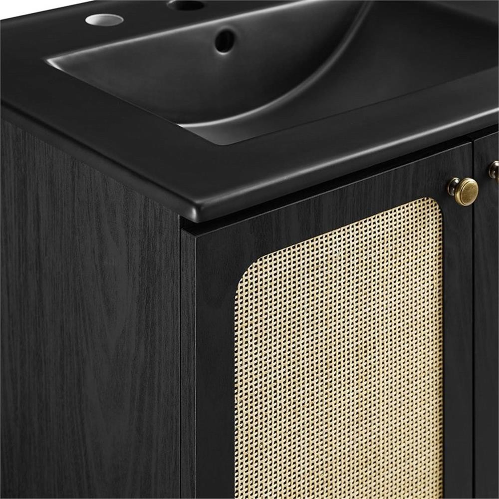 Modway Chaucer 24″ Wood & Rattan Bathroom Vanity with Adjustable Shelf in Black
