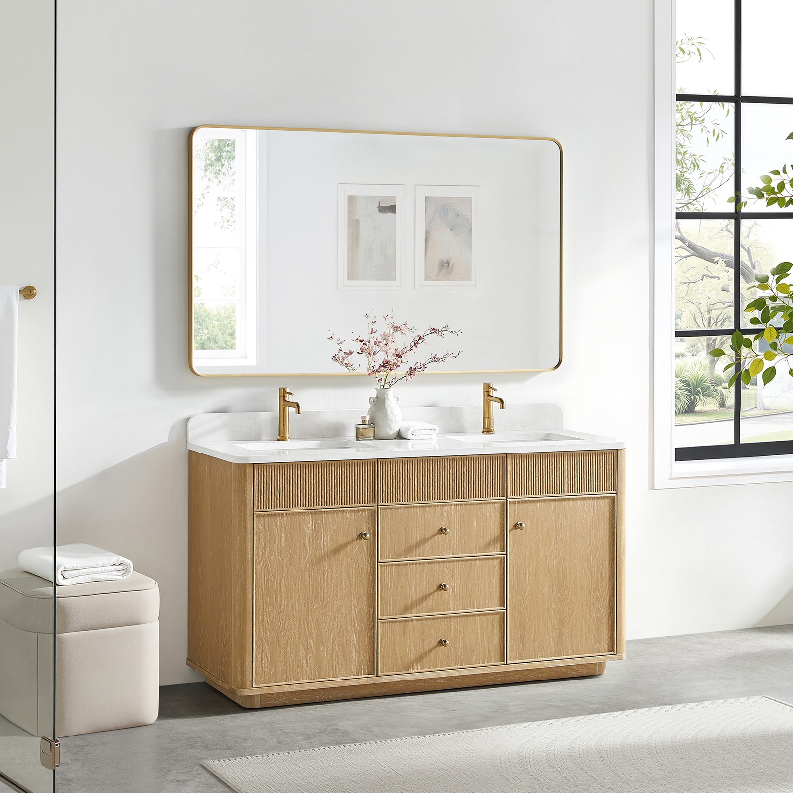 Zogno 60″ Solid Wood Double Bath Vanity in Washed Ash Gray with White Stone Top