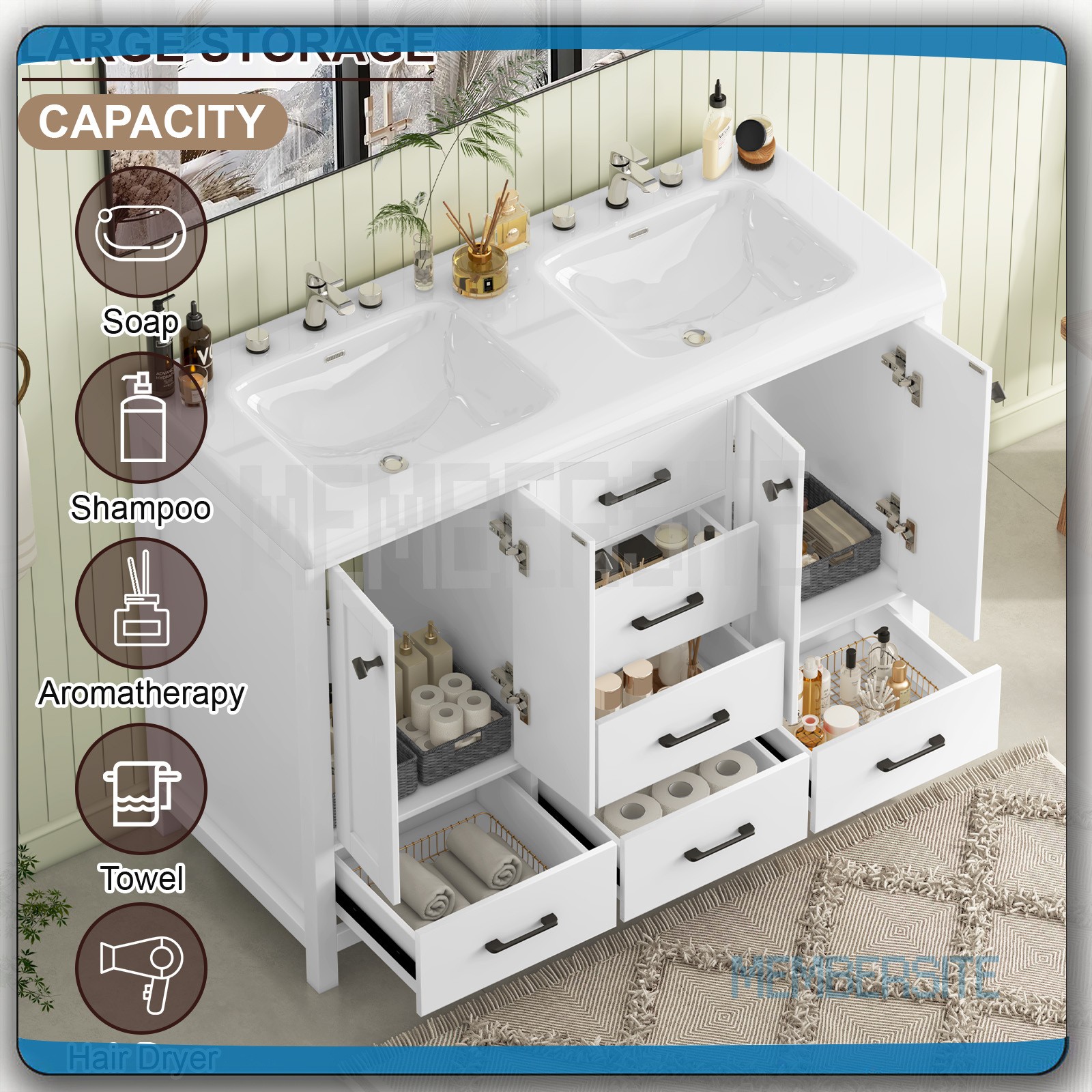 47.3″ Bathroom Vanity w/ Double Sinks Ceramic Cabinet and 5 Drawers Freestanding