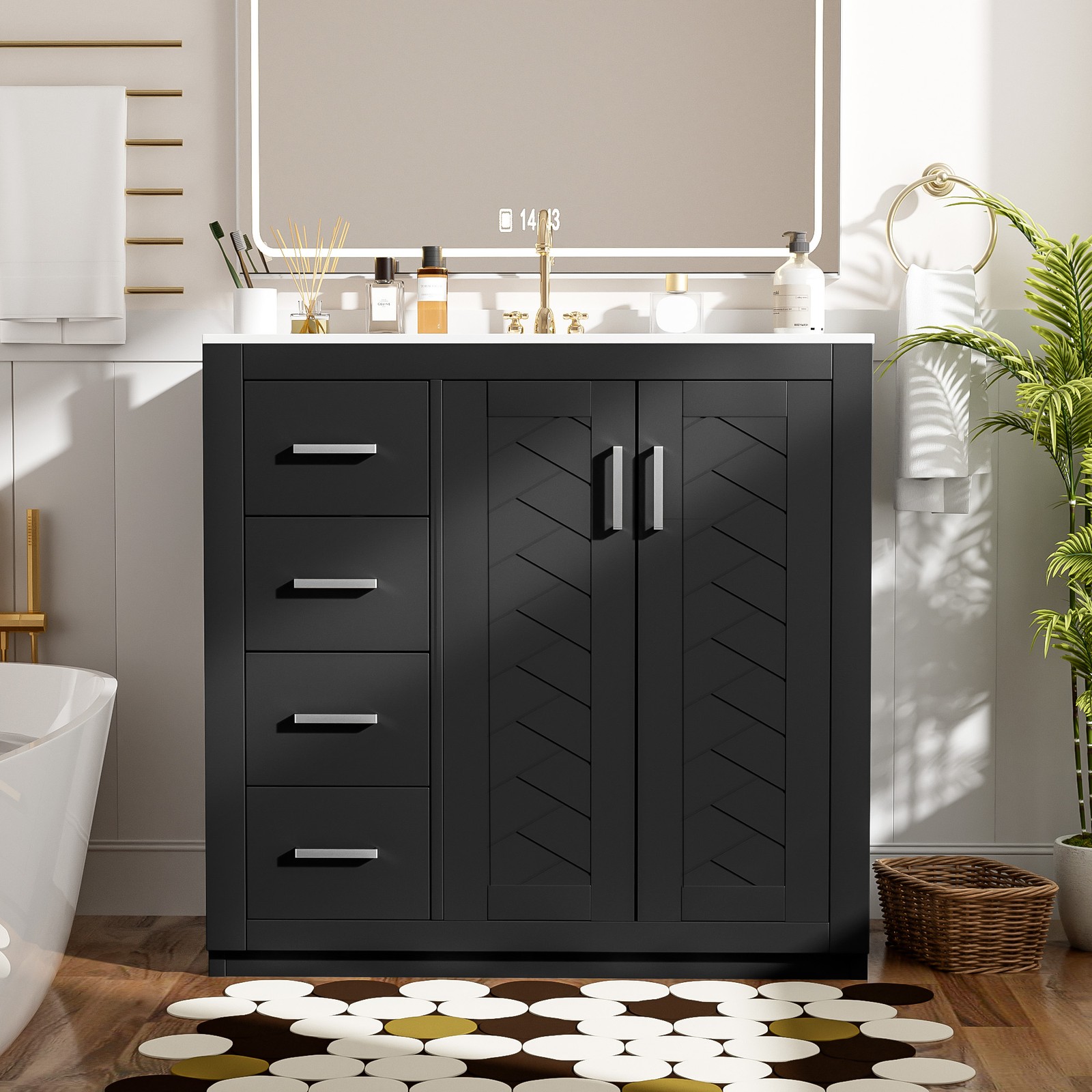 36″ Bathroom Vanity with Ceramic Sink, Solid Wood Frame, 3 Drawers