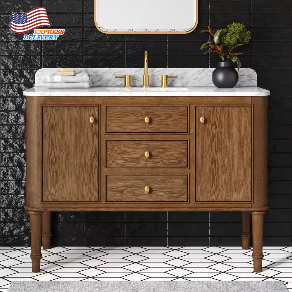 48 In. Single Sink Cinnamon Oak Bath Vanity White Carrara Marble Top (Assembled)