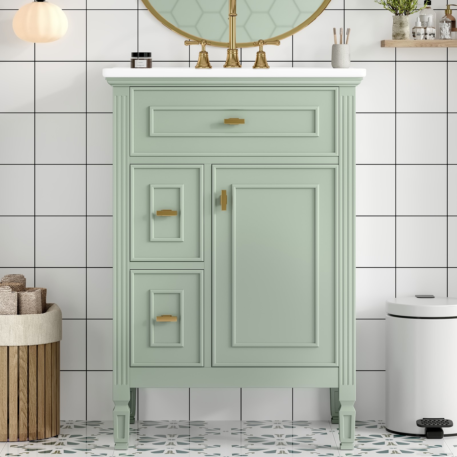 24″ Bathroom Vanity with Sink, Solid Wood & MDF Cabinet, Green