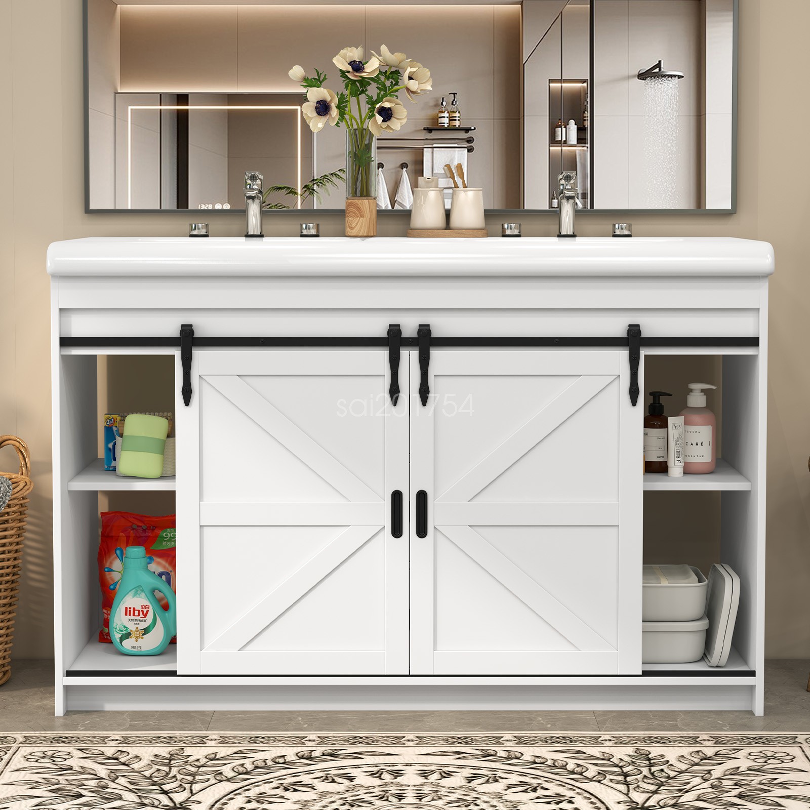 47.3″ Bathroom Vanity Freestanding Ceramic Sink Cabinet With Drawers and Doors