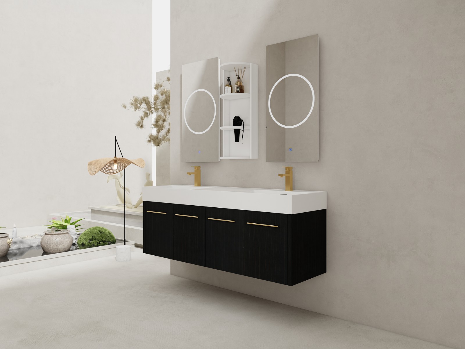 60 In Floating Wall-Mounted Bathroom Vanity Cabinet W/ Double Resin Top Basin