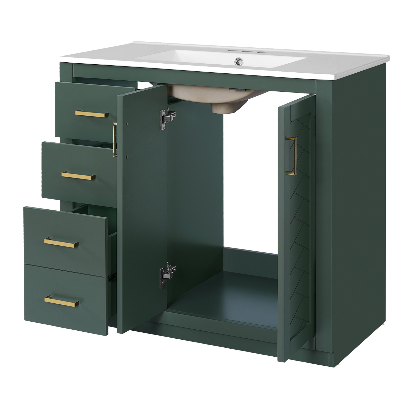 36″ Bathroom Vanity with Ceramic Sink, Solid Wood Frame, 3 Drawers