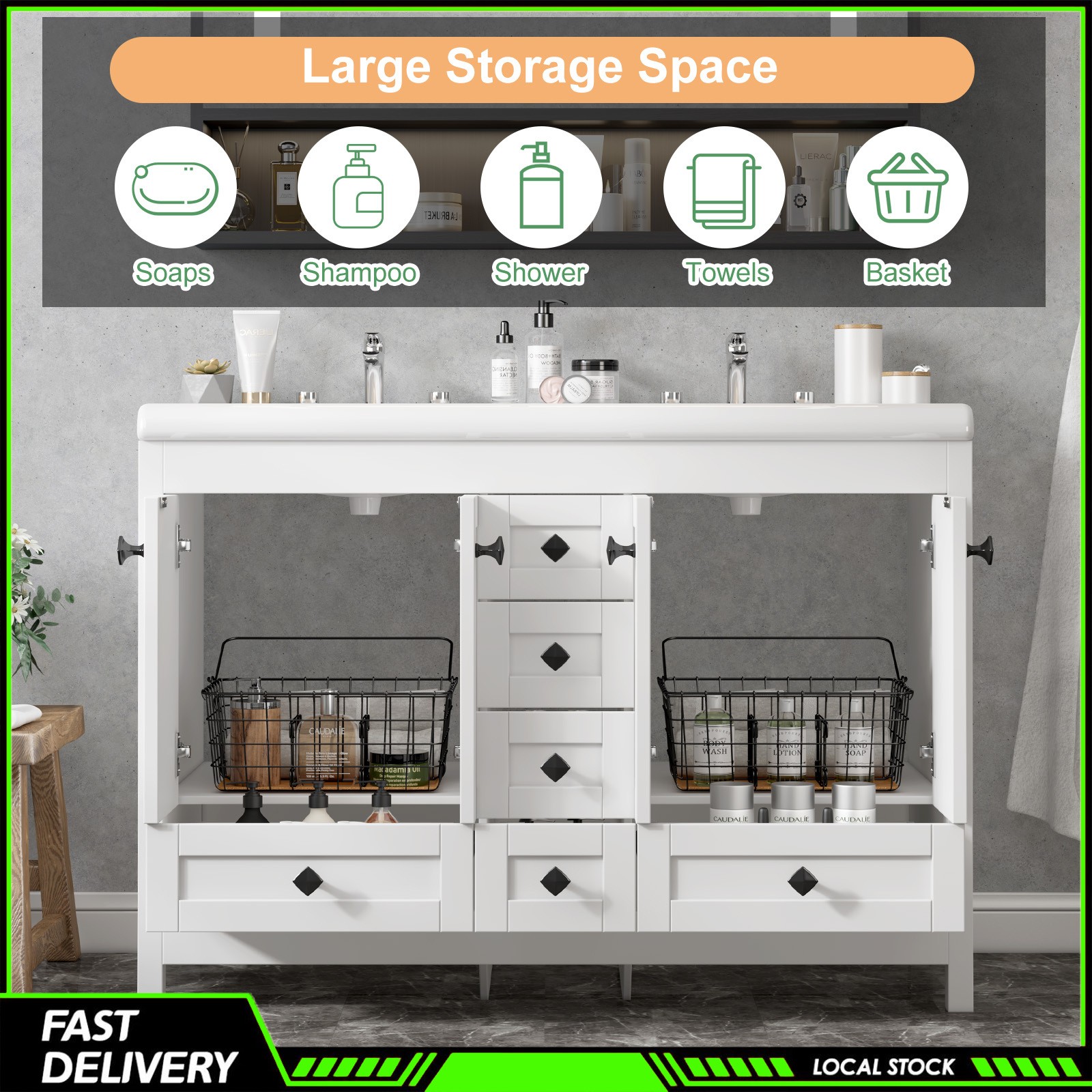 47″ White Bathroom Vanity Double Ceramic Sinks Freestanding Cabinet w/ 5 Drawers