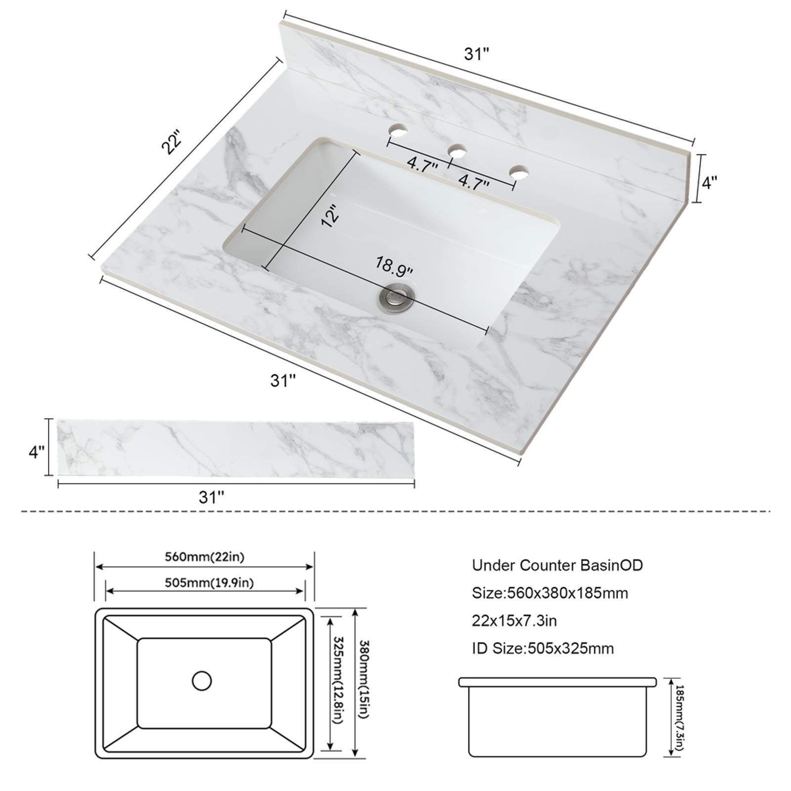 Sintered Stone Vanity Countertop with Rectangular Undermount Sink, Pre-Drilled
