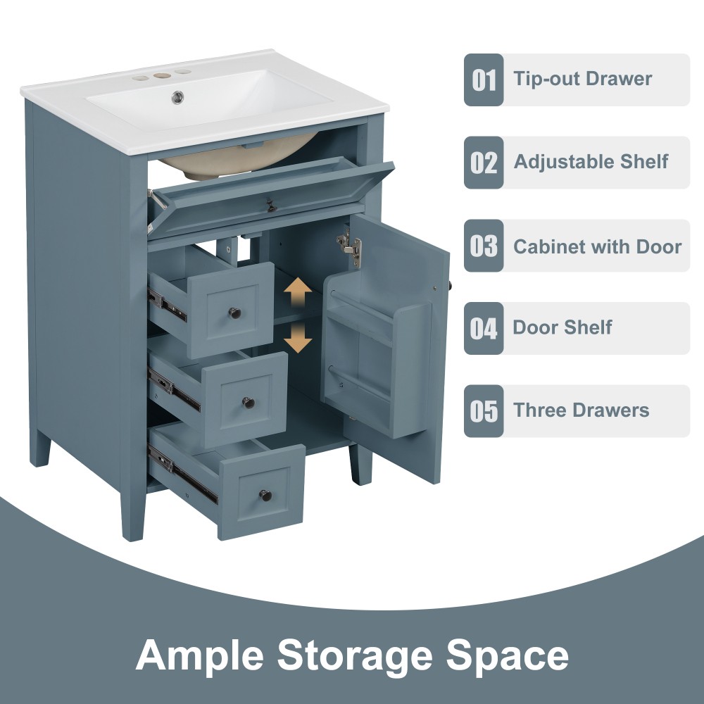 24 Inch Blue Gray Bathroom Vanity with Sink Solid Wood MDF Cabinet