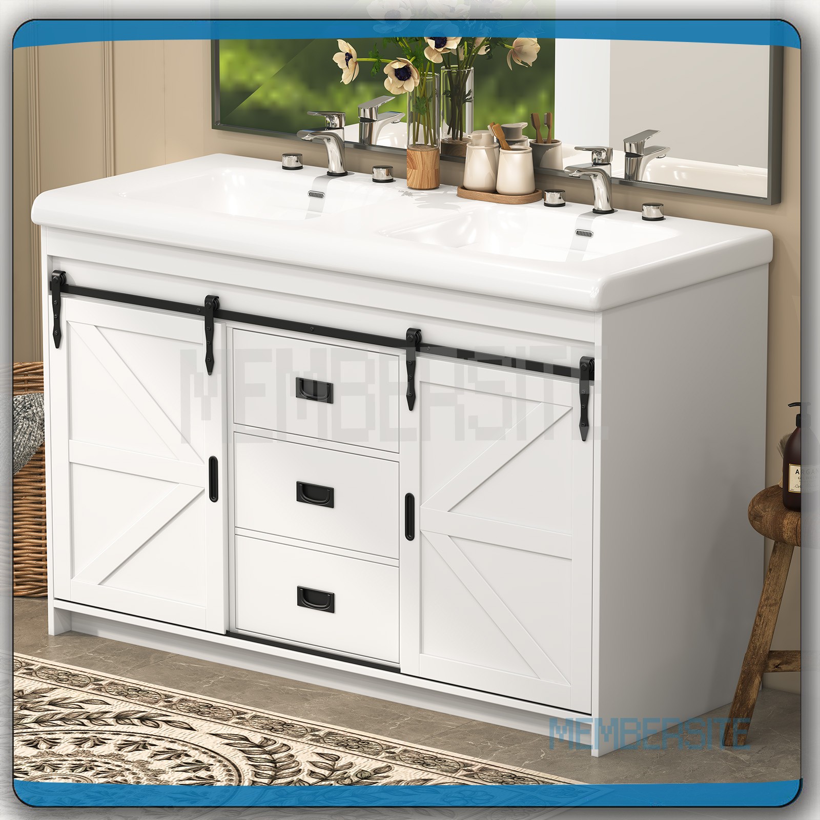 Bathroom Vanity Cabinet w/2 Ceramic Sink Combo 2 Sliding Door 47.3″ Vanity White