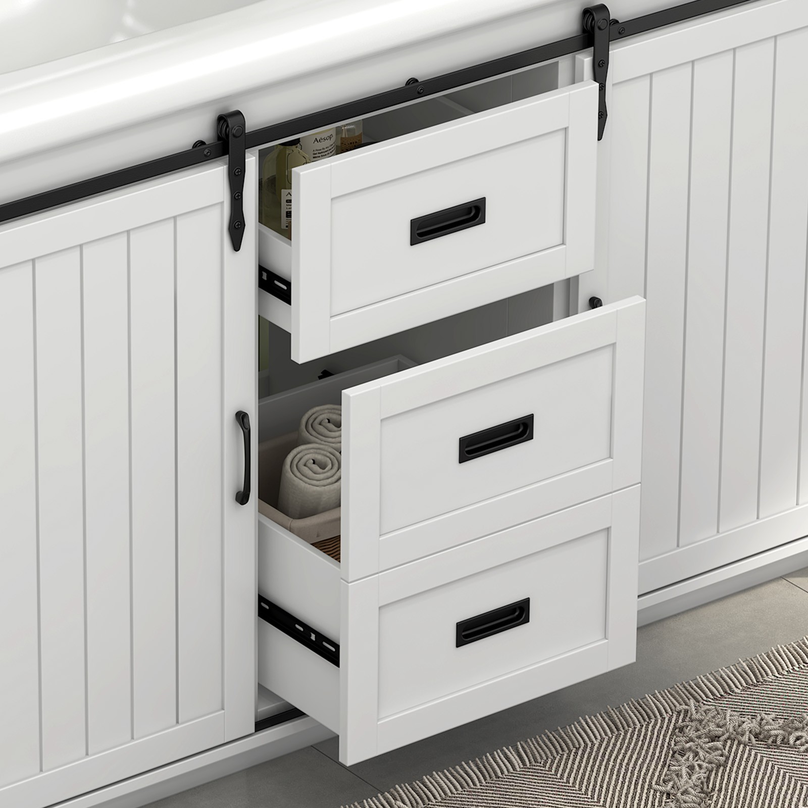 47″ Bathroom Double Sink Vanity Cabinet Ceramic Vessel Sink 3-Drawer Cabinet NEW