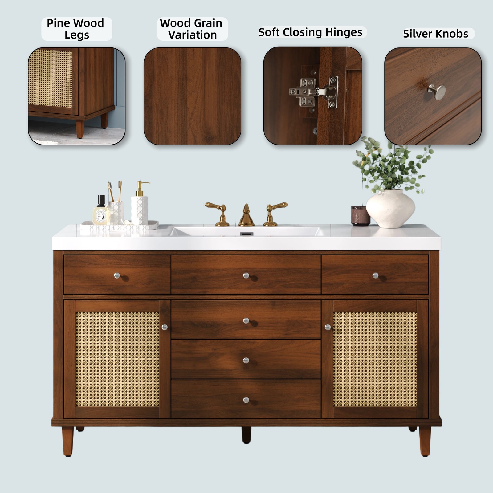 60″ Bathroom Vanity with SMC Sink, Brown, Soft Close Drawers & Rattan Doors