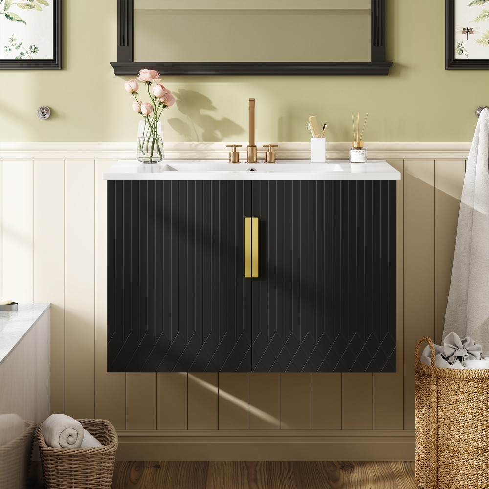 Bathroom Vanity W Ceramic Sink Three-Hole Mounting Features Two Soft-Close Doors