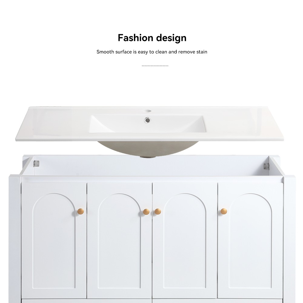48 Inch White Bathroom Vanity with Resin Sink, 4 Doors 2 Drawers