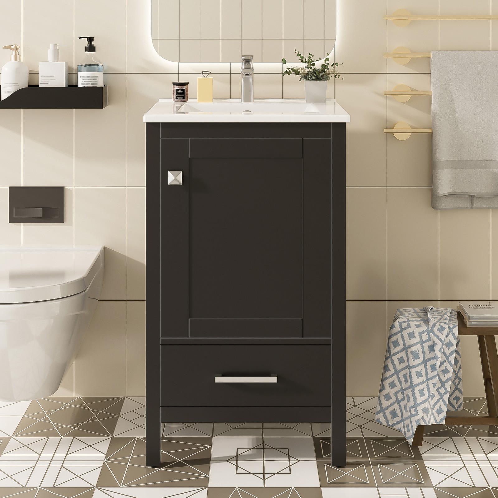 Modern Bathroom Vanity w/Ceramic Sink,Storage Cabinet w/Soft-Close Drawer & Door