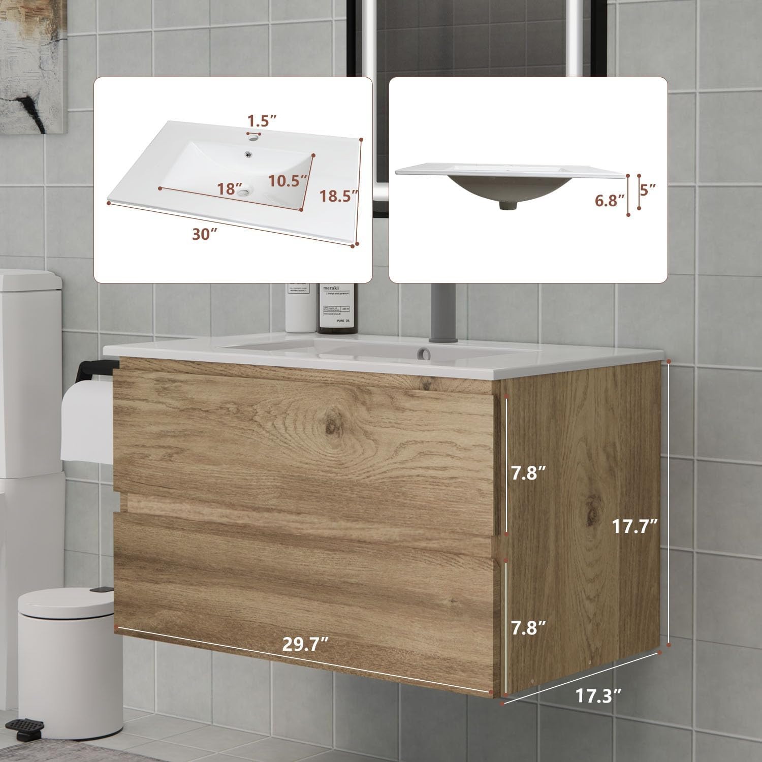 Floating Bathroom Vanity with Sink and 2 Soft-Close Drawers – Moisture-Resistant