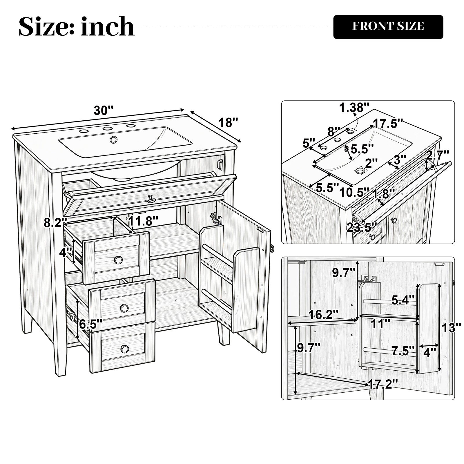 30″ Bathroom Vanity with Sink, 3 Drawers, Freestanding Vanity Storage Cabinet