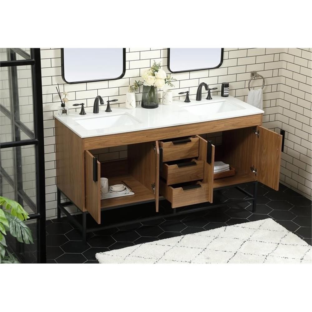 Pemberly Row 60″ Aluminum Alloy Iron Double Bathroom Vanity in Walnut
