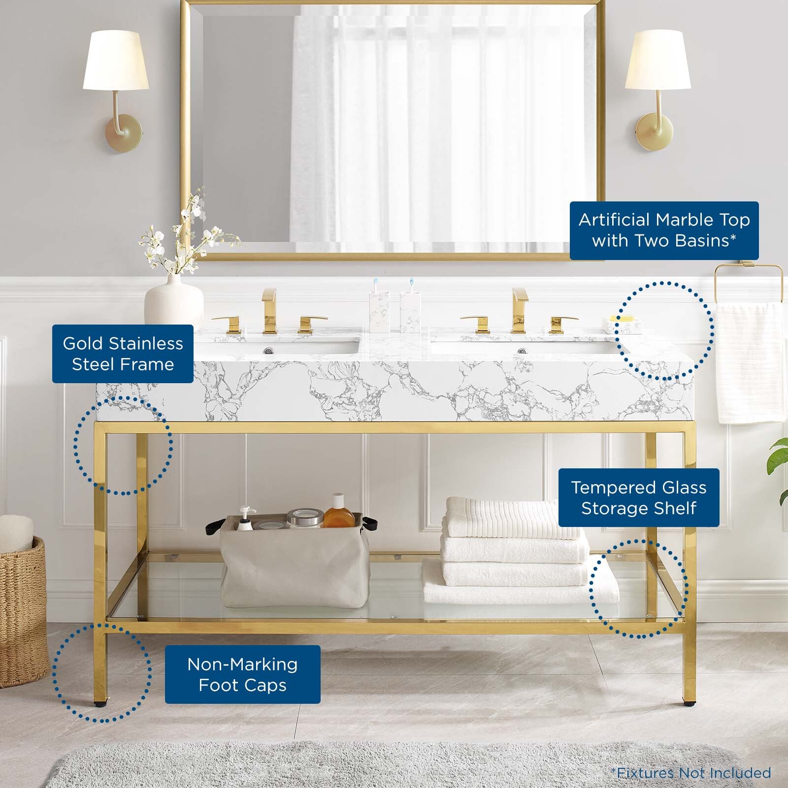 Modway Kingsley 60″ Gold Stainless Steel Bathroom Vanity in Gold White