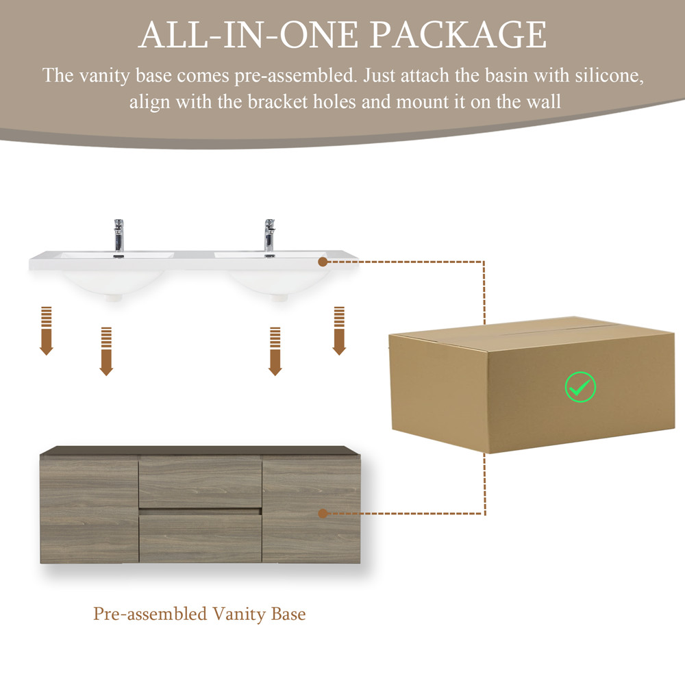 60″ Wall Mounted Bathroom Vanity w/Double Sink, Floating Vanity Cabinet,2 Drawer