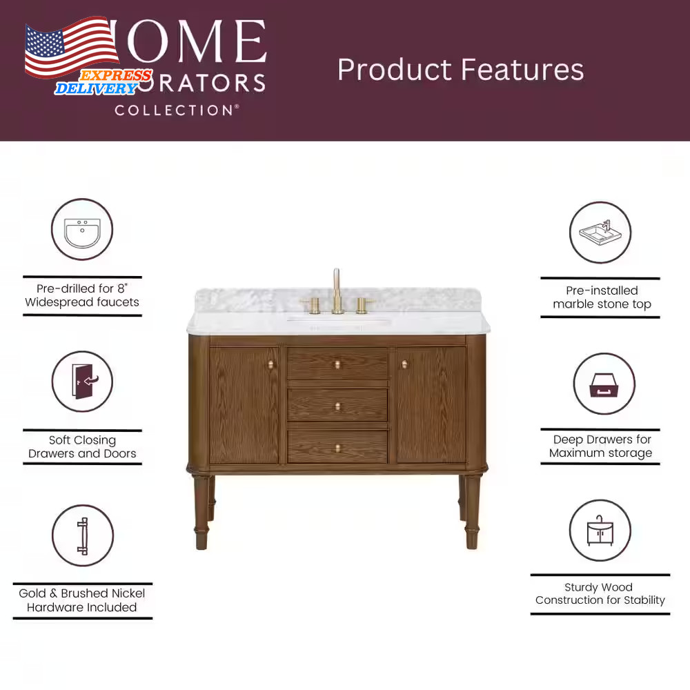 48 In. Single Sink Cinnamon Oak Bath Vanity White Carrara Marble Top (Assembled)